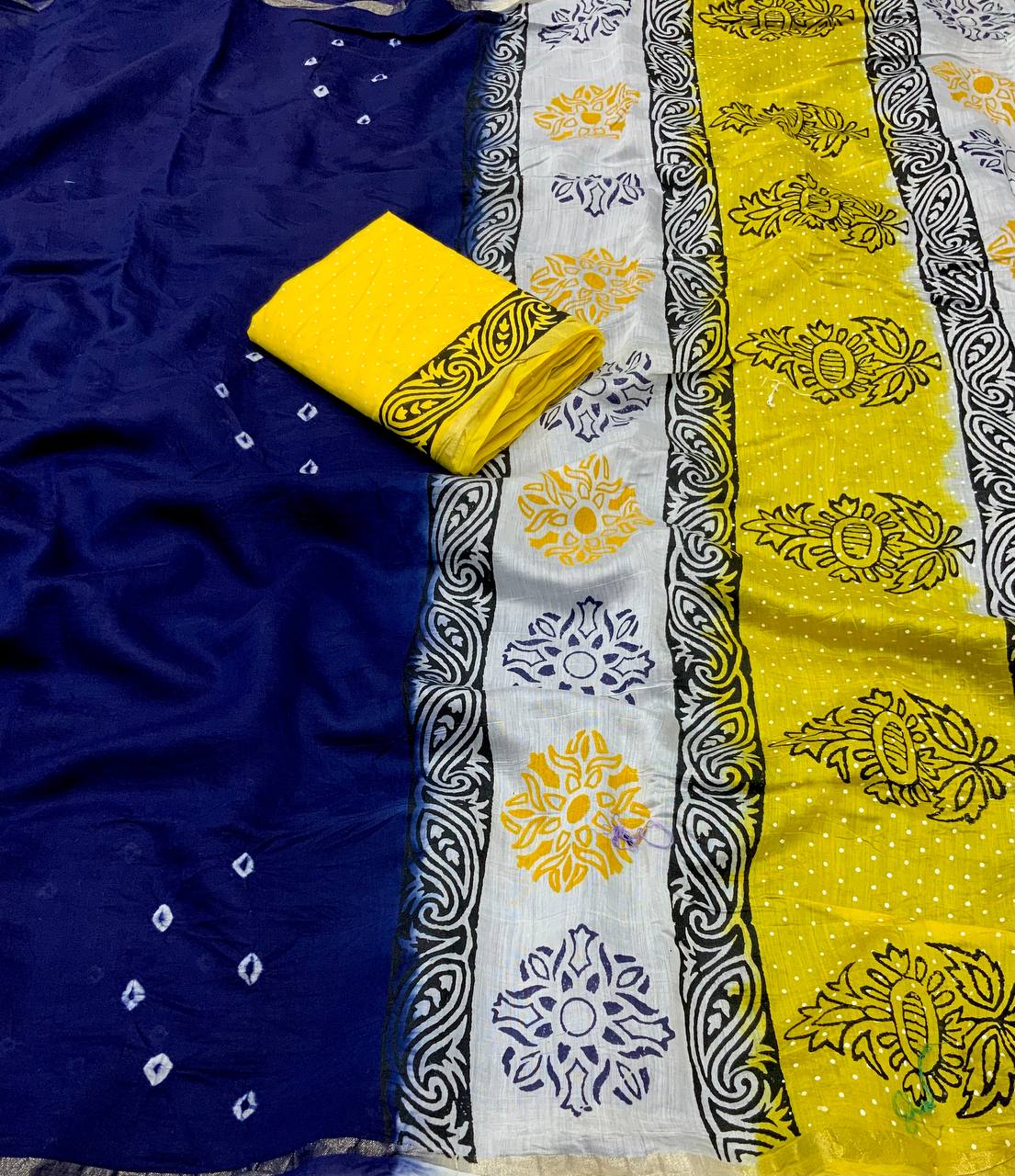 Dark Blue Color Chanderi Cotton Saree With Bhandani Design and Hand Blockprints Pallu