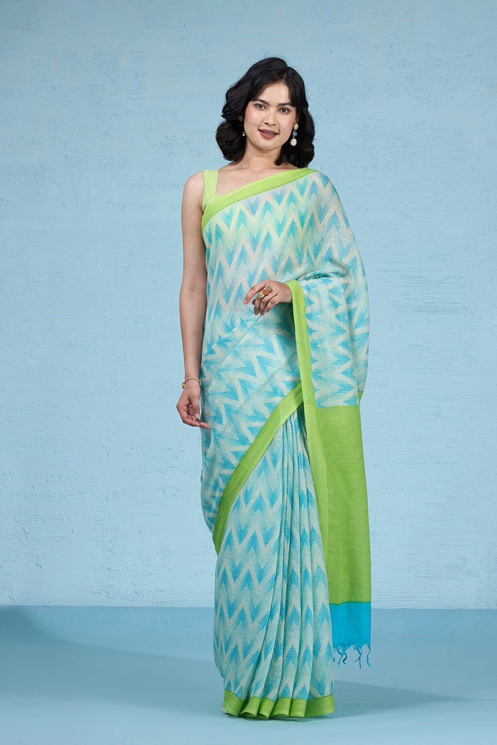 Blue and Green Color Digital Printed Linen Saree