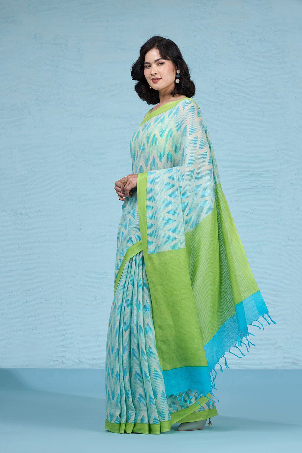 Blue and Green Color Digital Printed Linen Saree