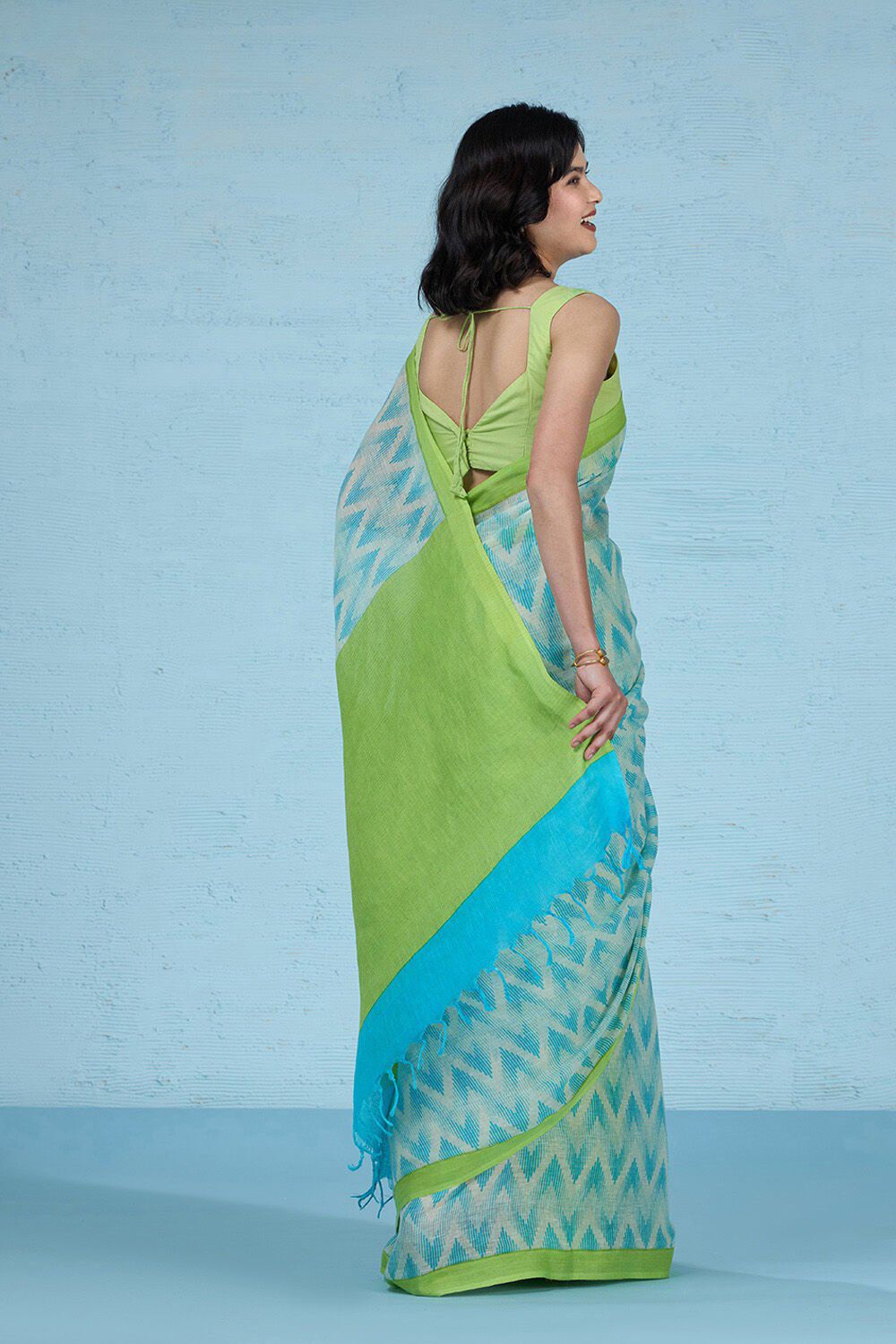 Blue and Green Color Digital Printed Linen Saree