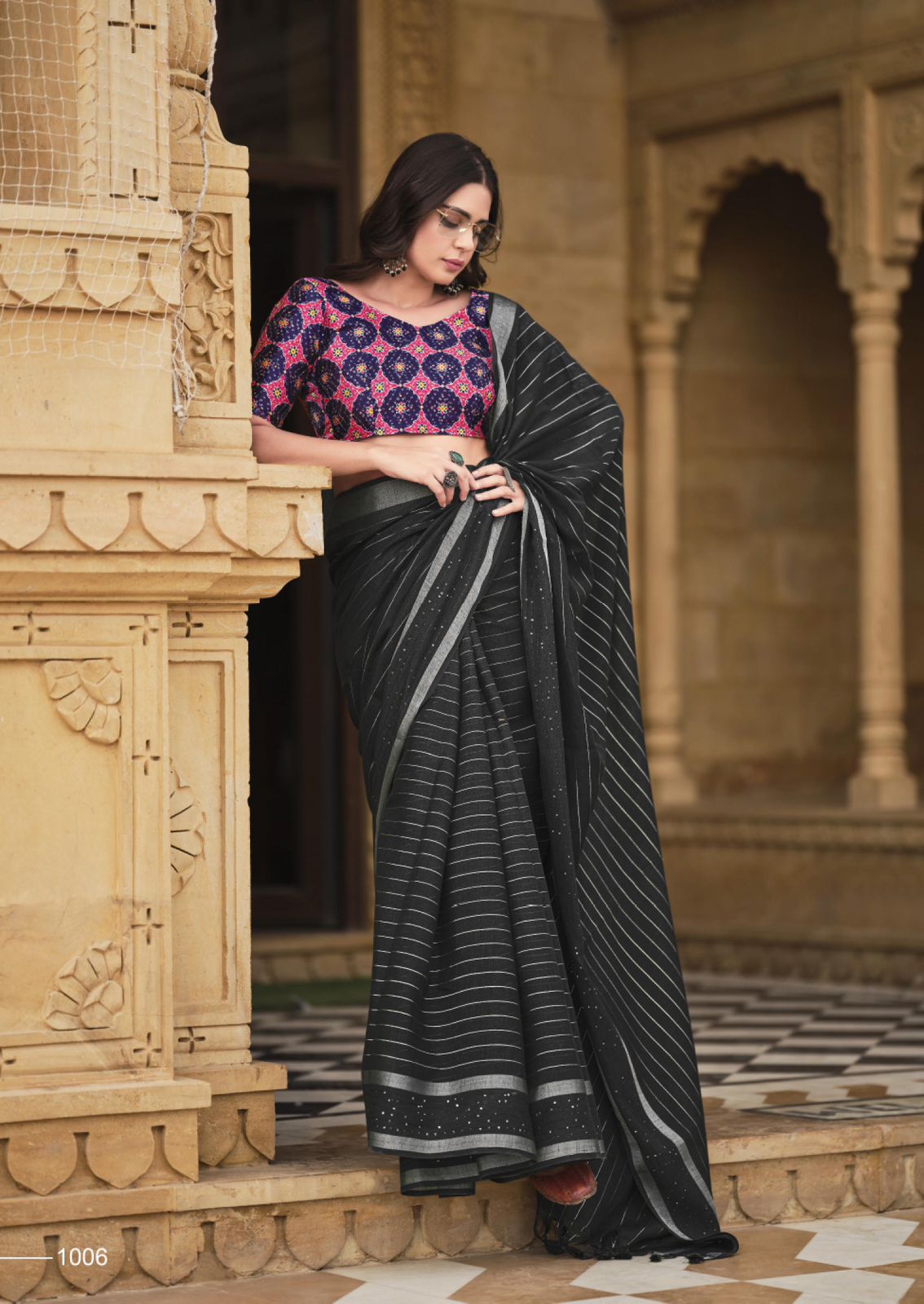 Black Color Pure Linen Saree With Sequence Croatina Lace & Rich Blouse