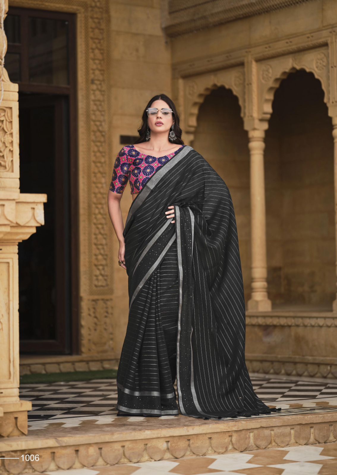 Black Color Pure Linen Saree With Sequence Croatina Lace & Rich Blouse