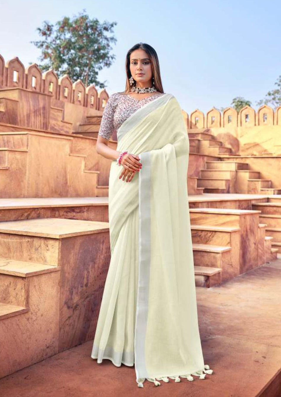 Cream Color Pure Linen Saree With Sequence Croatina Lace & Rich Blouse