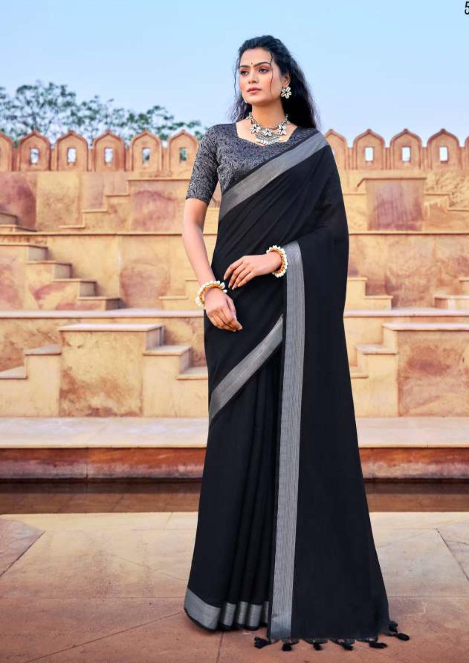 Black Color Pure Linen Saree With Sequence Lace & Rich Blouse