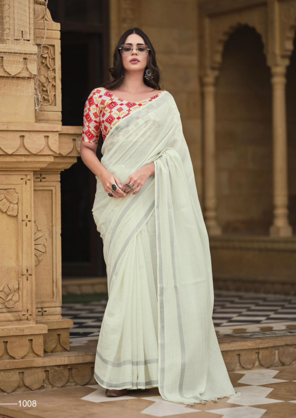 Off White Pure Linen Saree With Sequence Croatina Lace & Rich Blouse