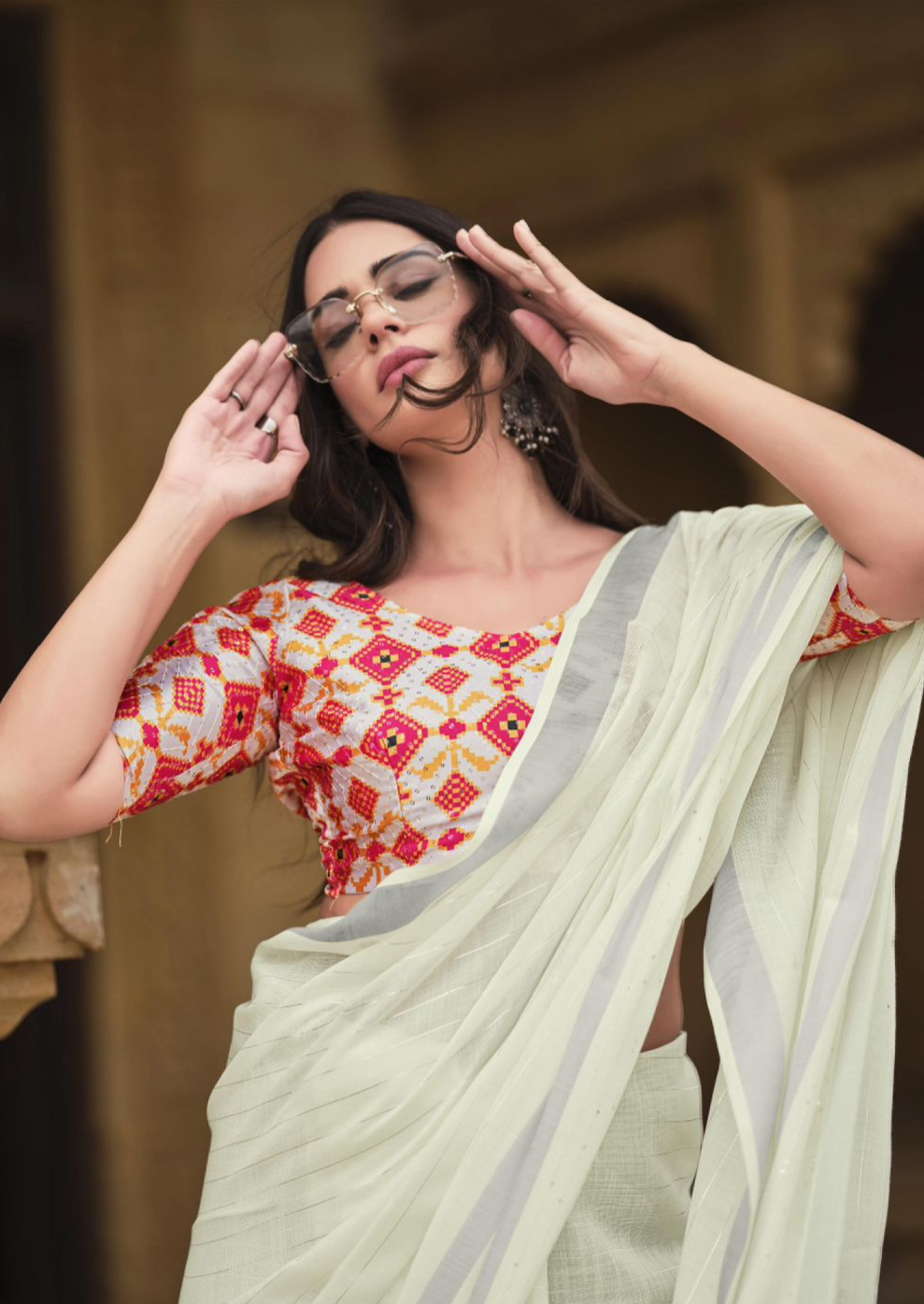 Off White Pure Linen Saree With Sequence Croatina Lace & Rich Blouse