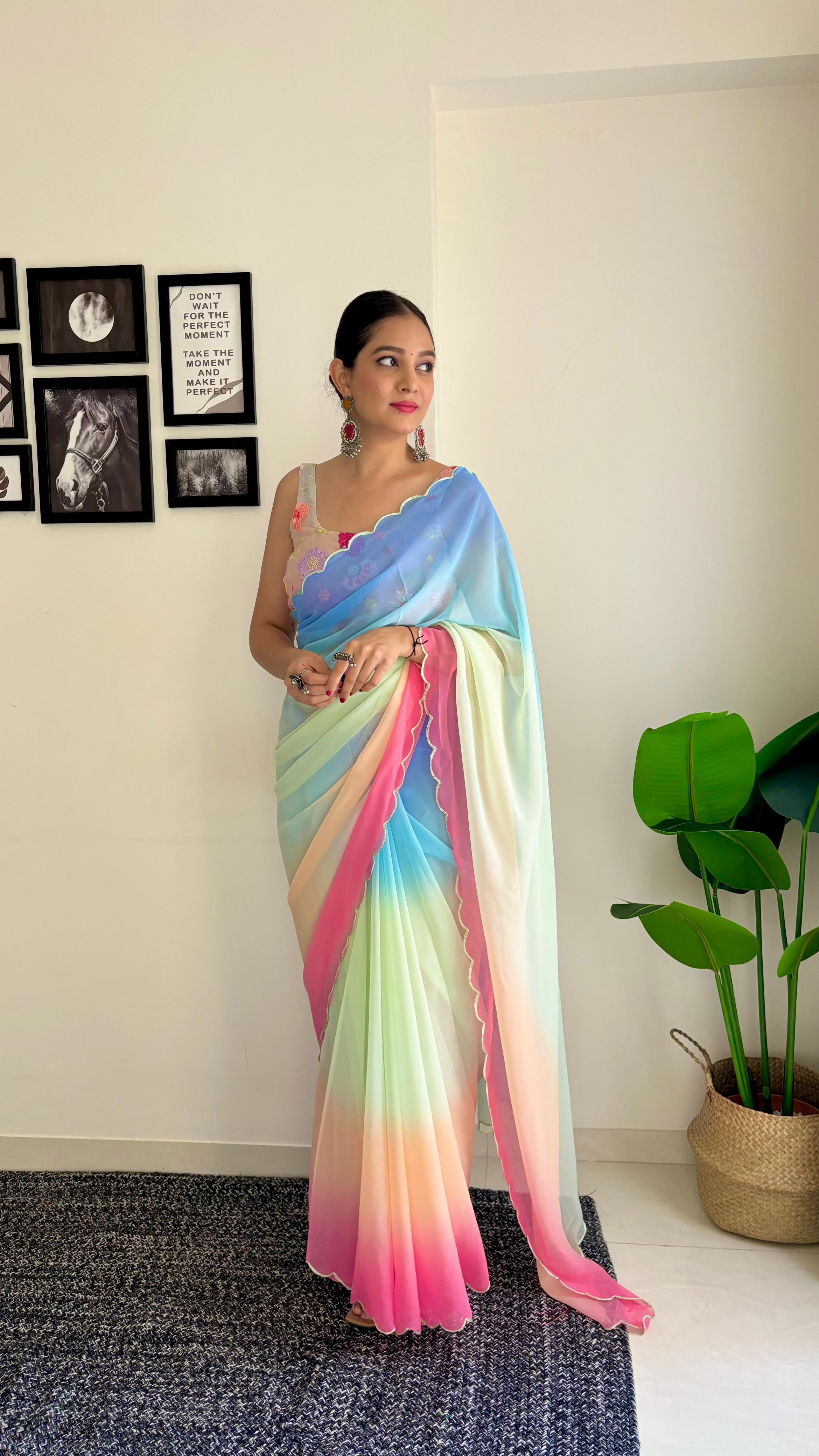 Faux Georgette Saree With Fancy Arco Border