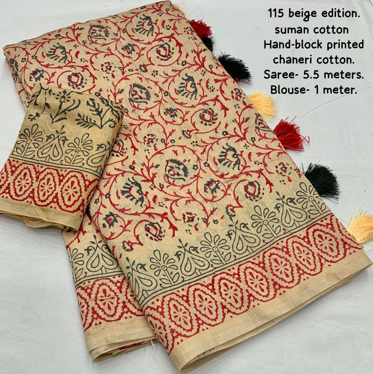 Pure Chanderi Cotton Saree With Handblock Printed Design-1