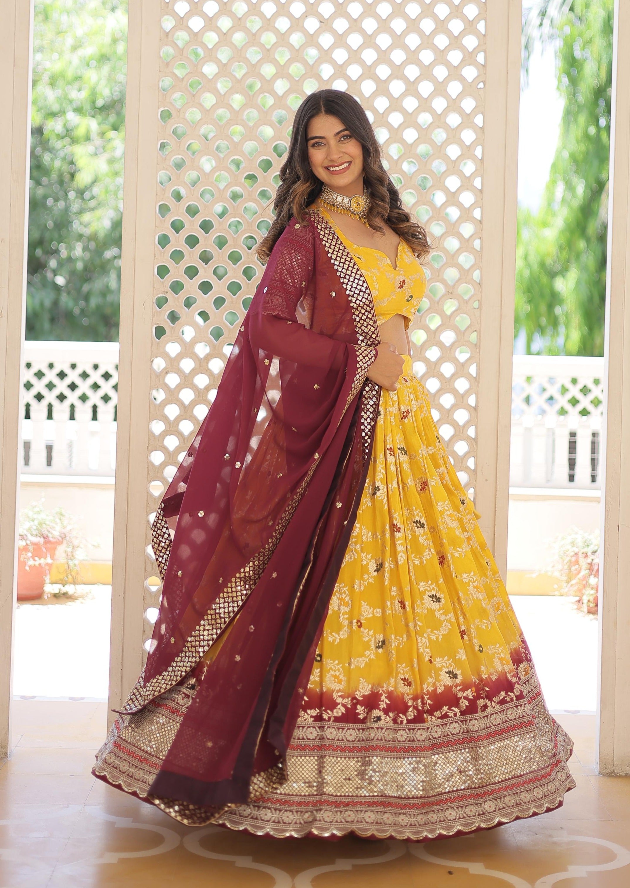 Yellow Color Viscose Jacquard Lehenga Choli