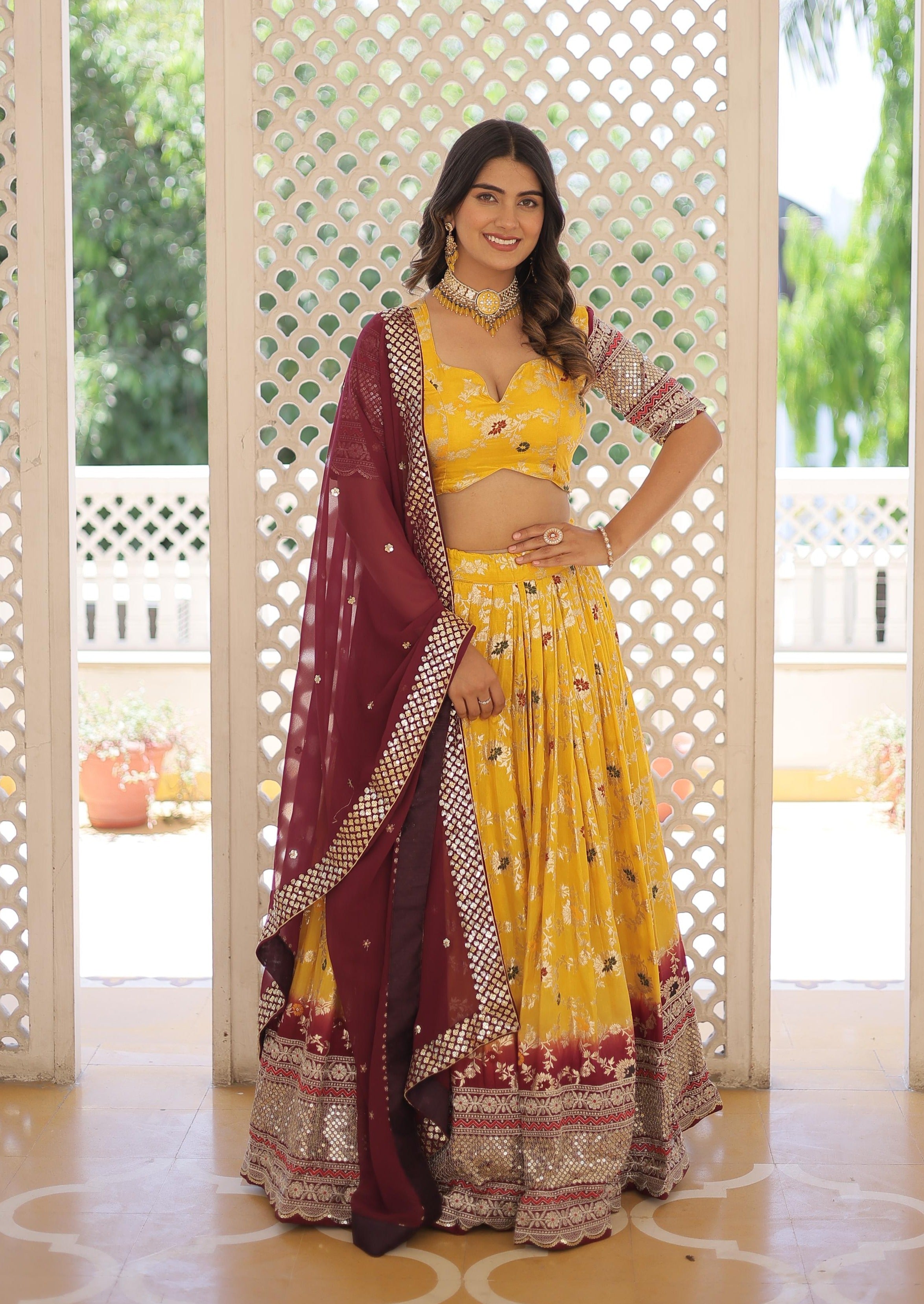 Yellow Color Viscose Jacquard Lehenga Choli