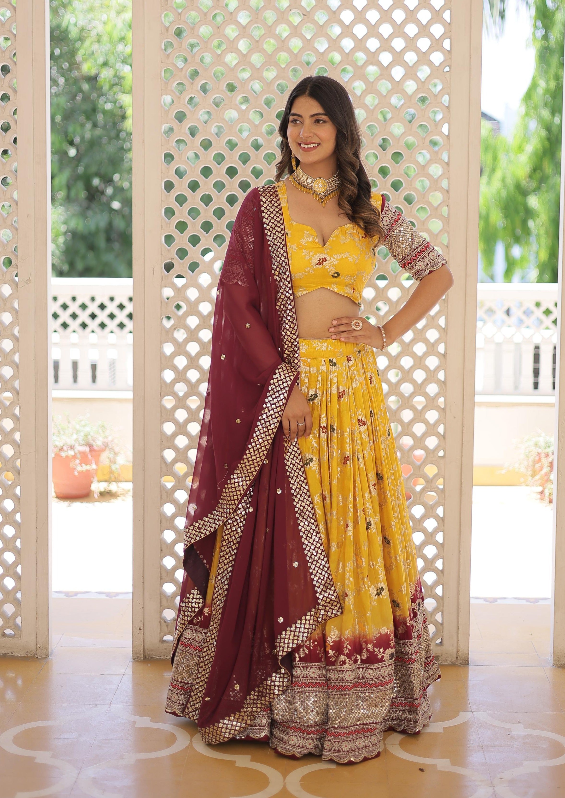 Yellow Color Viscose Jacquard Lehenga Choli