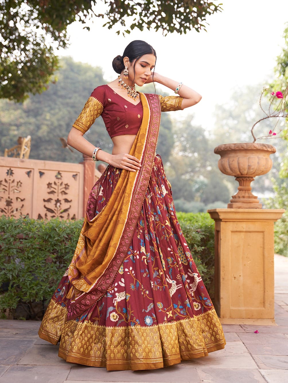 Maroon Color Dola Silk Elegance Printed Lehenga Choli Set with Foil and  Minakari Work