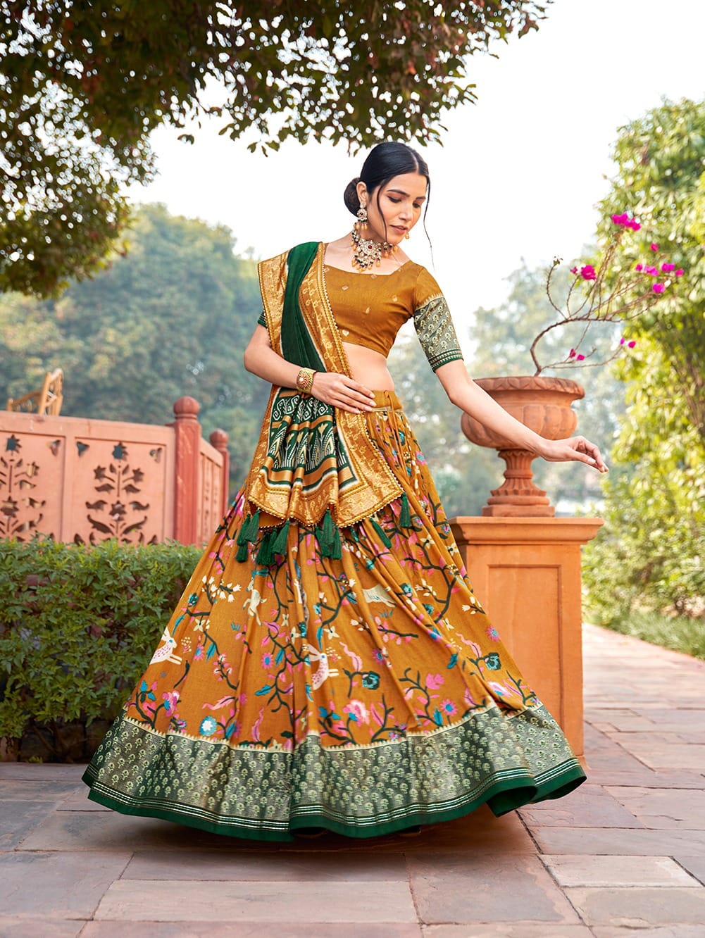 Mustard Color Dola Silk Elegance Printed Lehenga Choli Set with Foil and  Minakari Worl