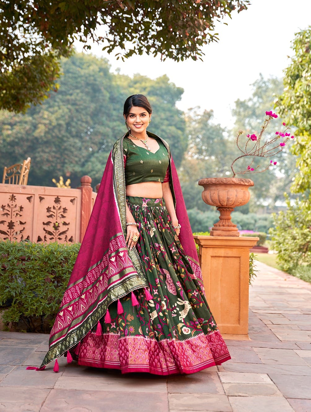 Green Color Dola Silk Elegance Printed Lehenga Choli Set with Foil and  Minakari Work