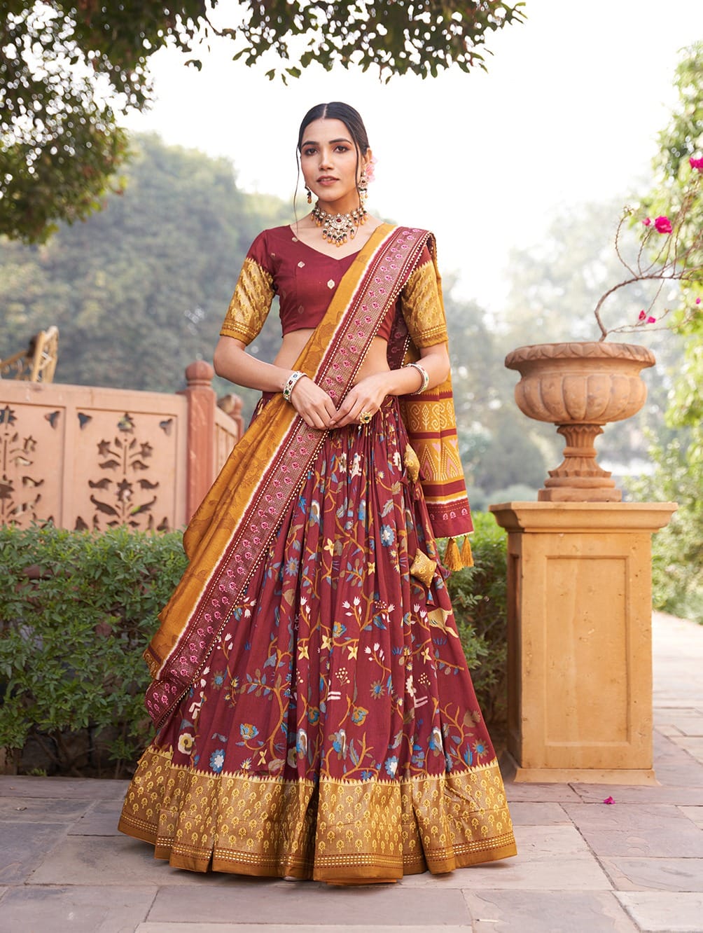 Maroon Color Dola Silk Elegance Printed Lehenga Choli Set with Foil and  Minakari Work