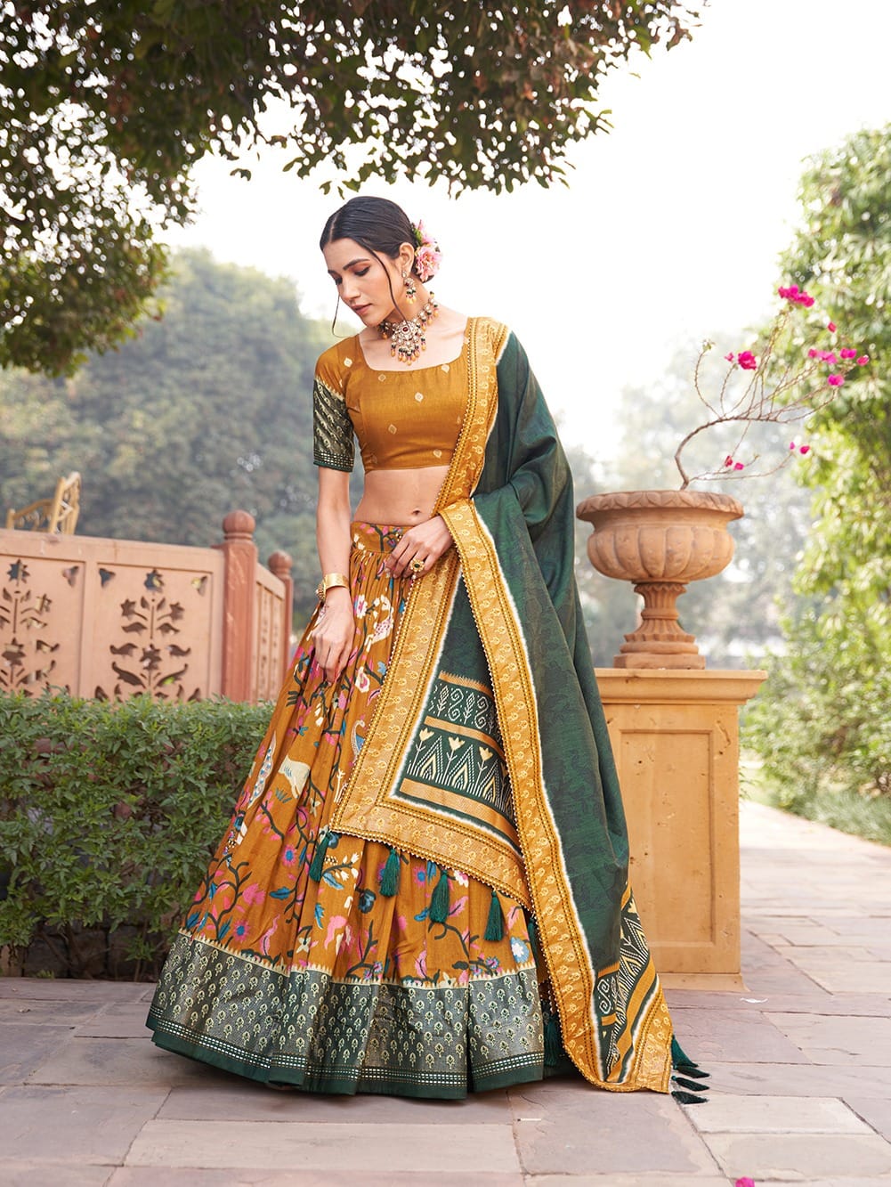 Mustard Color Dola Silk Elegance Printed Lehenga Choli Set with Foil and  Minakari Worl