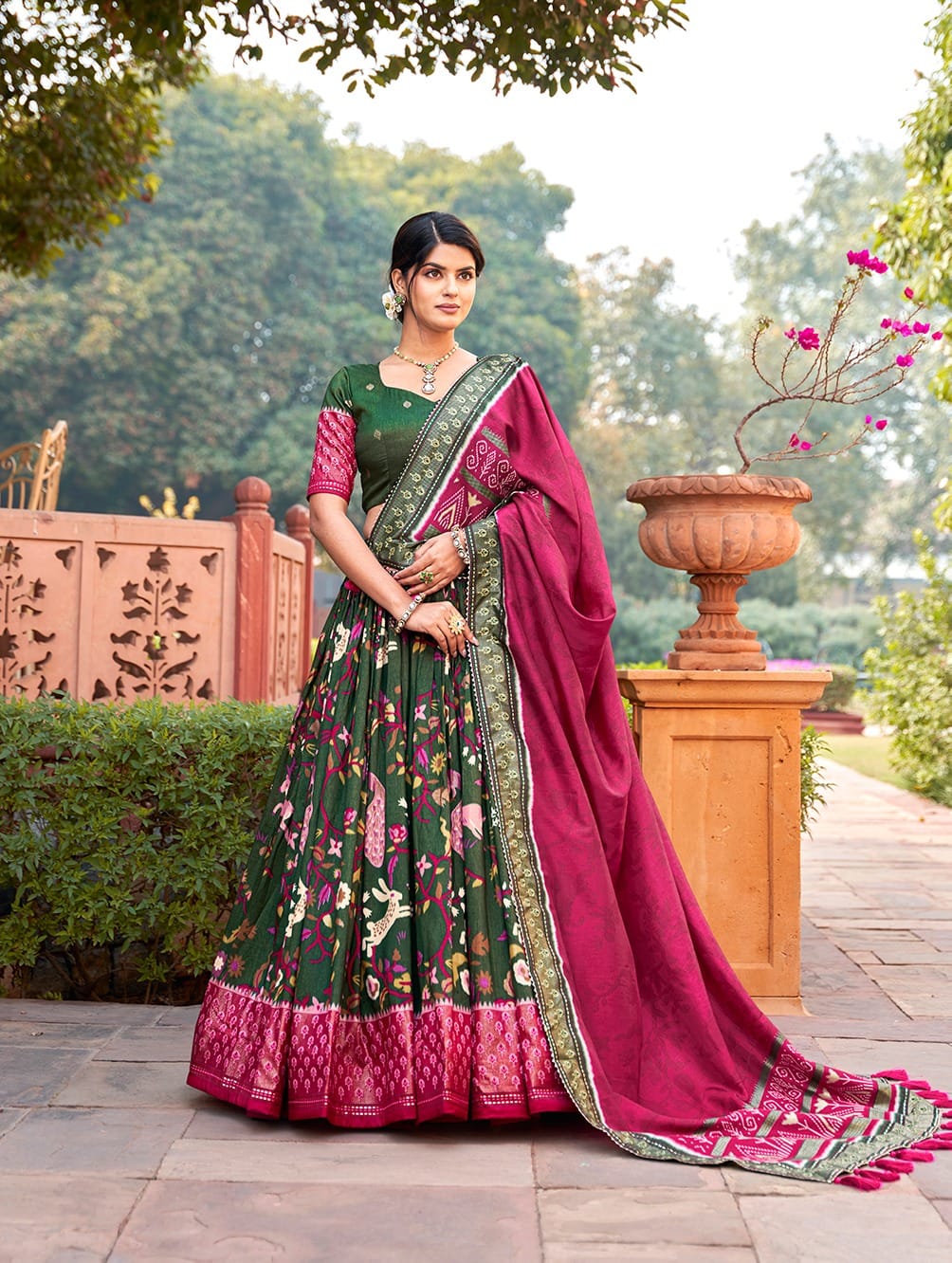 Green Color Dola Silk Elegance Printed Lehenga Choli Set with Foil and  Minakari Work