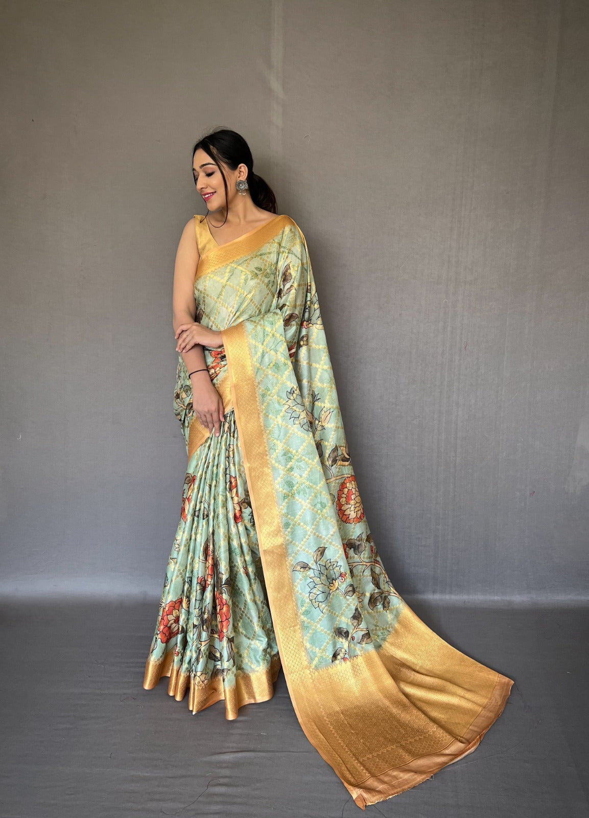 Aqua Green Muslin Silk Saree With Fusion Floral Digital Print and Zari Weaving