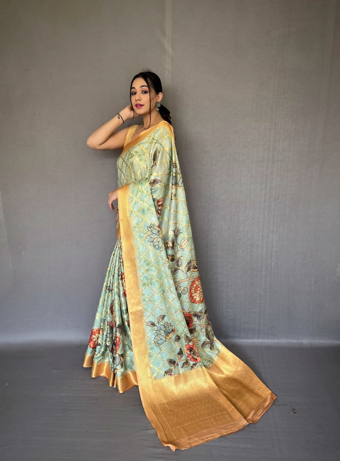 Aqua Green Muslin Silk Saree With Fusion Floral Digital Print and Zari Weaving