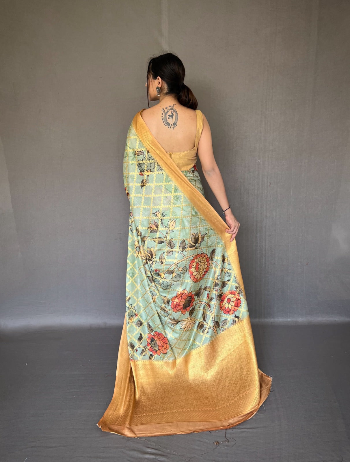 Aqua Green Muslin Silk Saree With Fusion Floral Digital Print and Zari Weaving