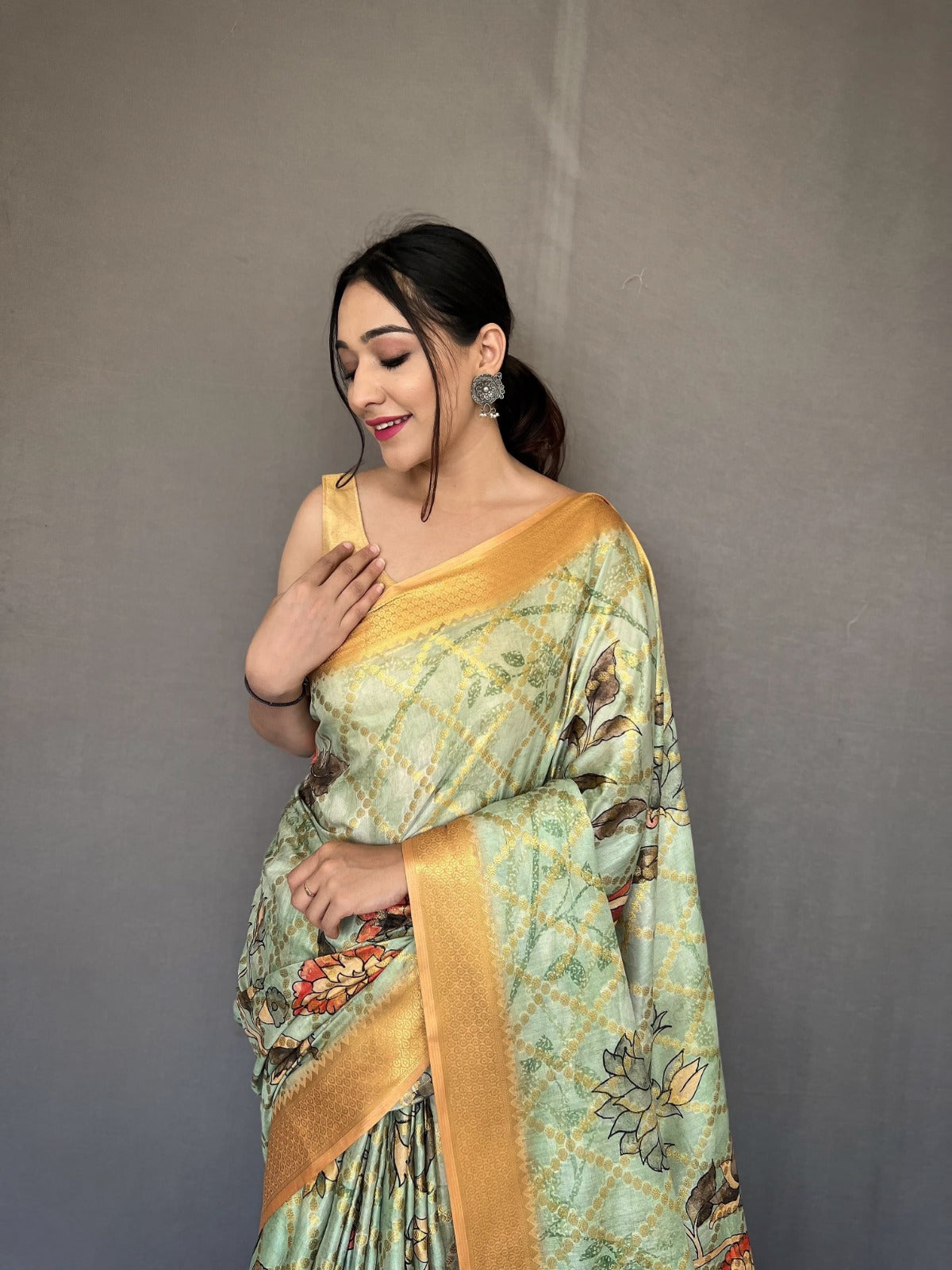 Aqua Green Muslin Silk Saree With Fusion Floral Digital Print and Zari Weaving