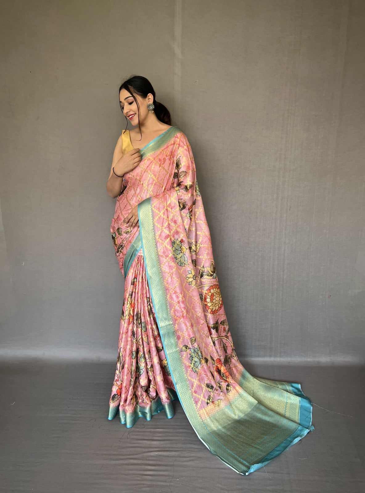 Light Pink Muslin Silk Saree With Fusion Floral Digital Print and Zari Weaving