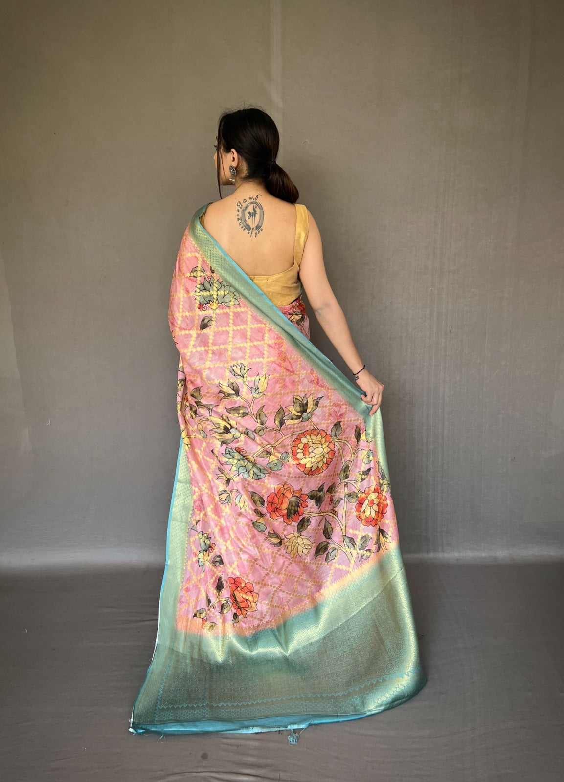 Light Pink Muslin Silk Saree With Fusion Floral Digital Print and Zari Weaving