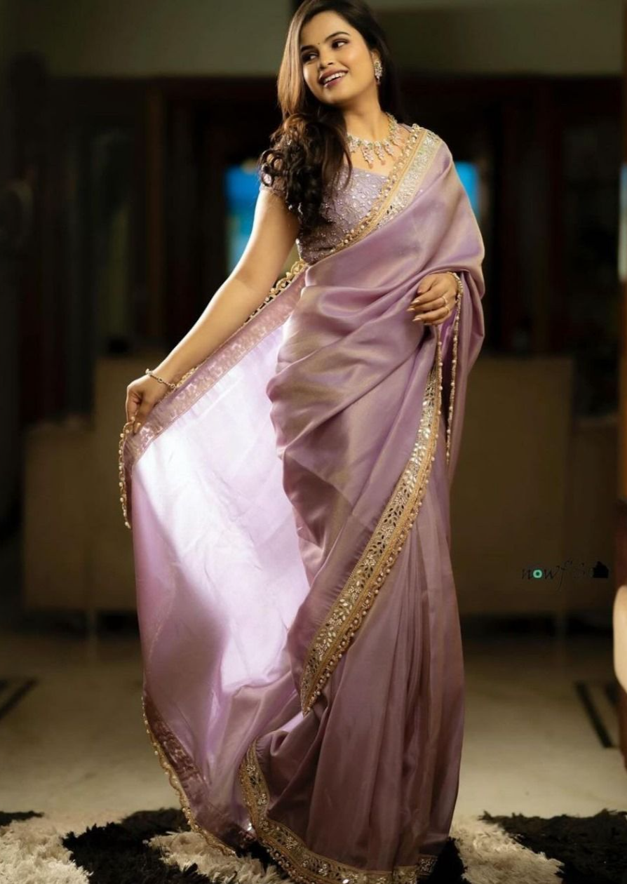 Tissue Silk Beautiful Sequance Saree With  Embroidery Work and  Pearl Lace Border