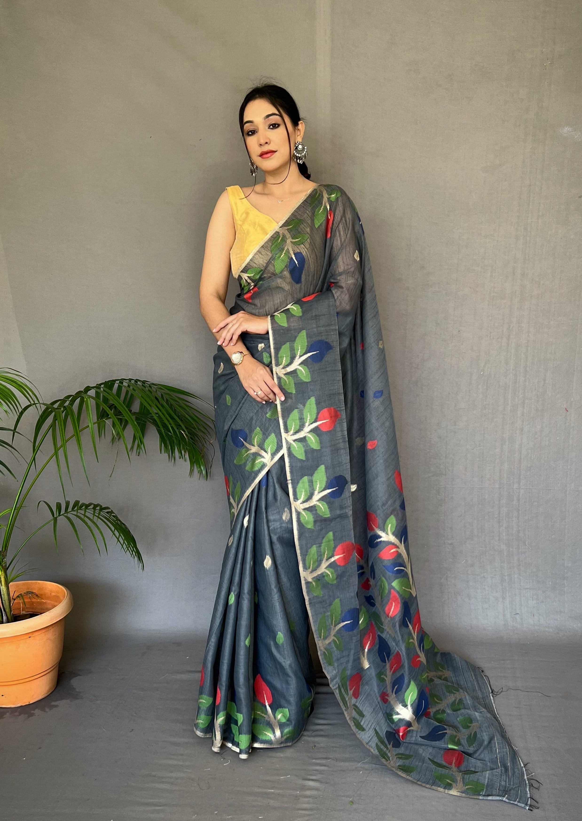 Grey Color Shalini Cotton Jamdani Woven Saree