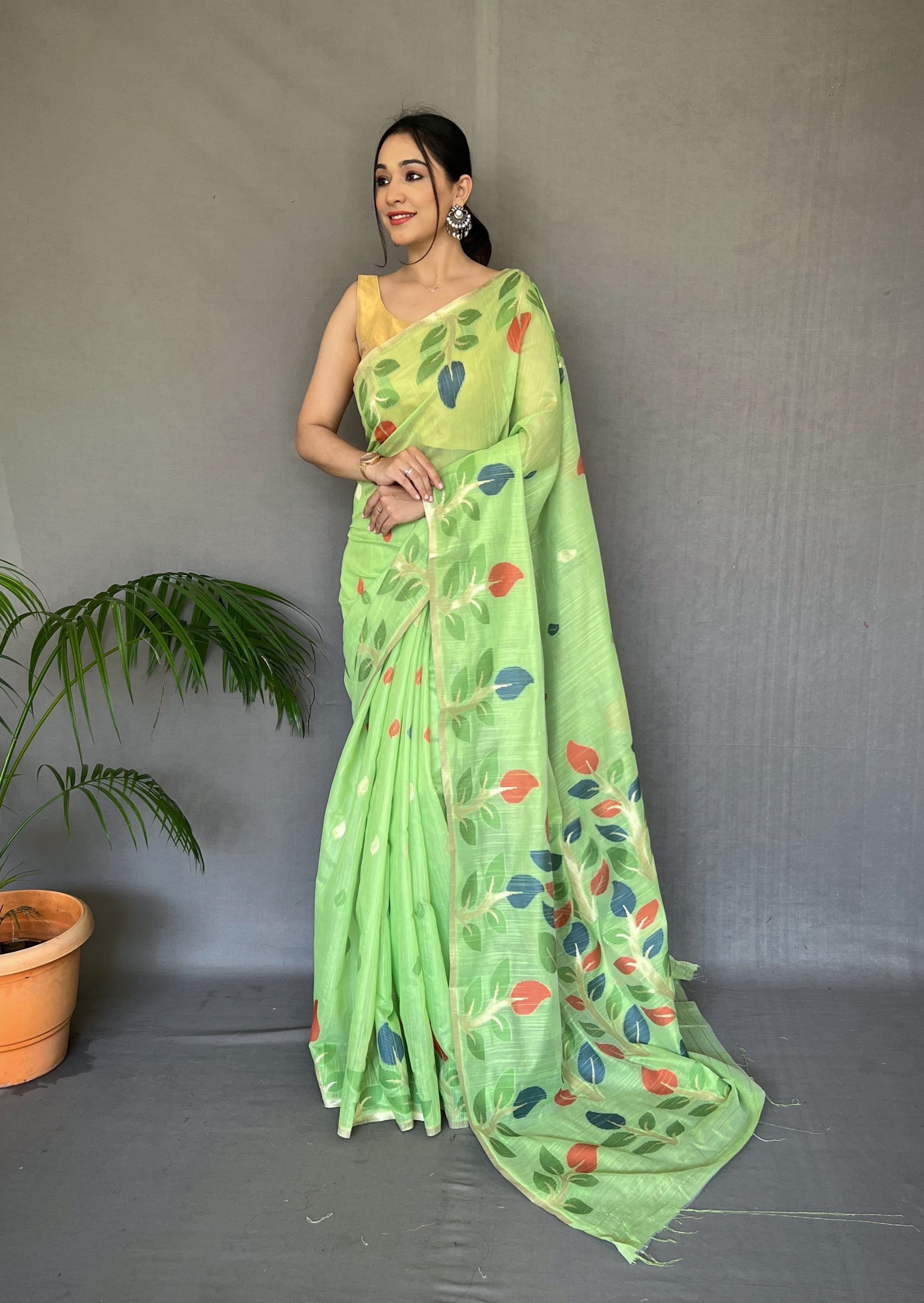 Green Color Shalini Cotton Jamdani Woven Saree