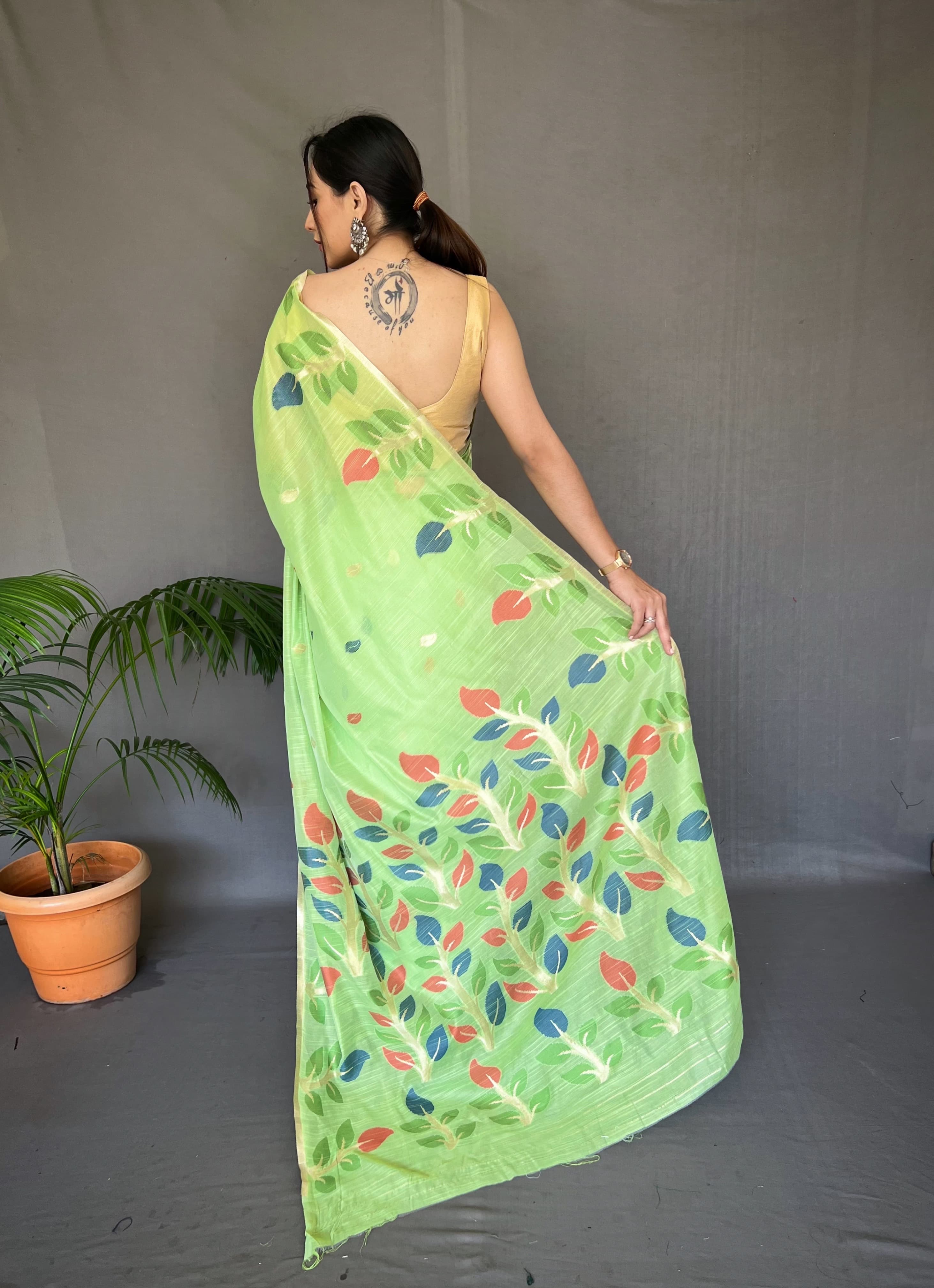 Green Color Shalini Cotton Jamdani Woven Saree