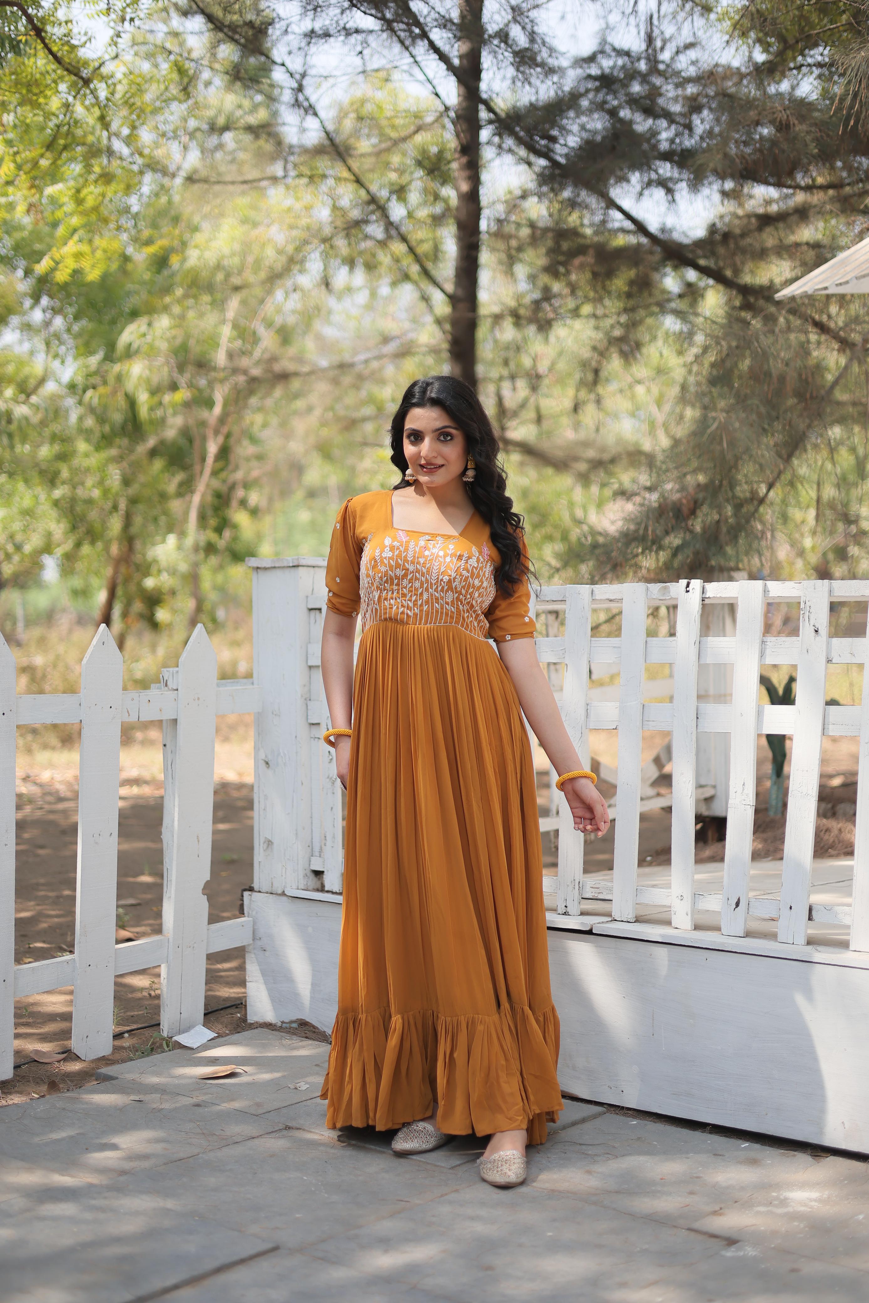 Yellow Color Premium Faux Georgette With Sequins Multithreaded Embroidered work