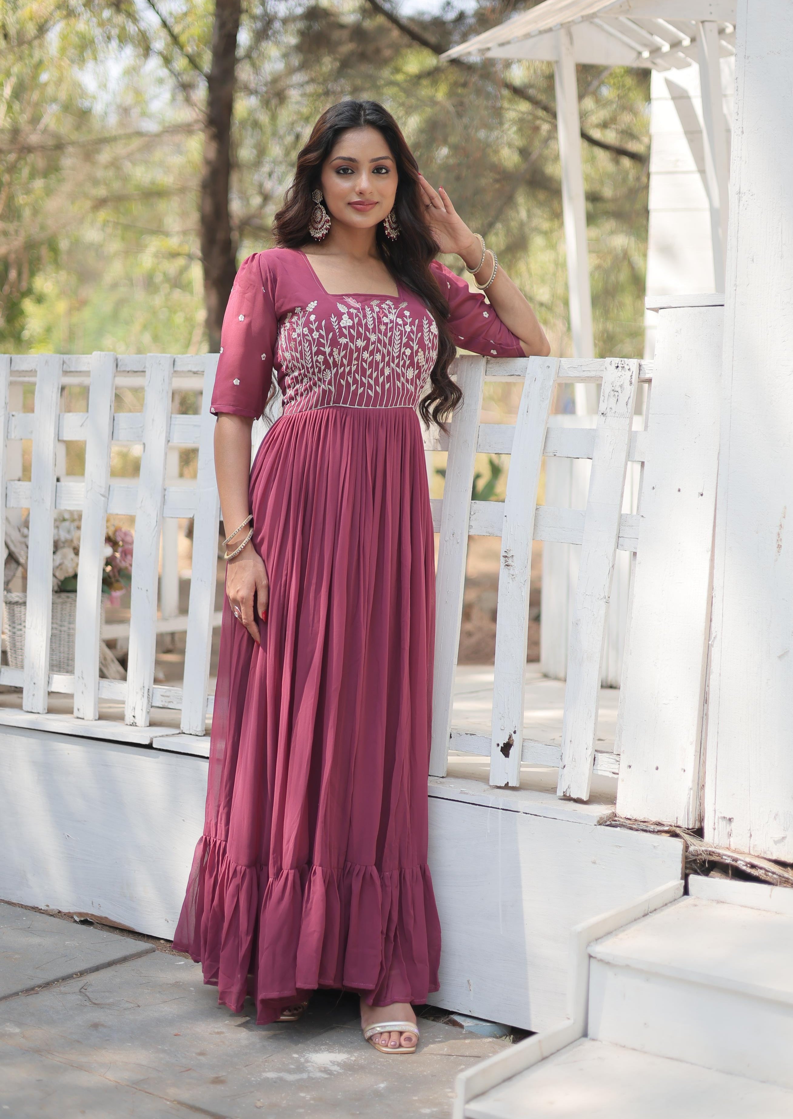 Onion  Color Premium Faux Georgette With Sequins Multithreaded Embroidered work