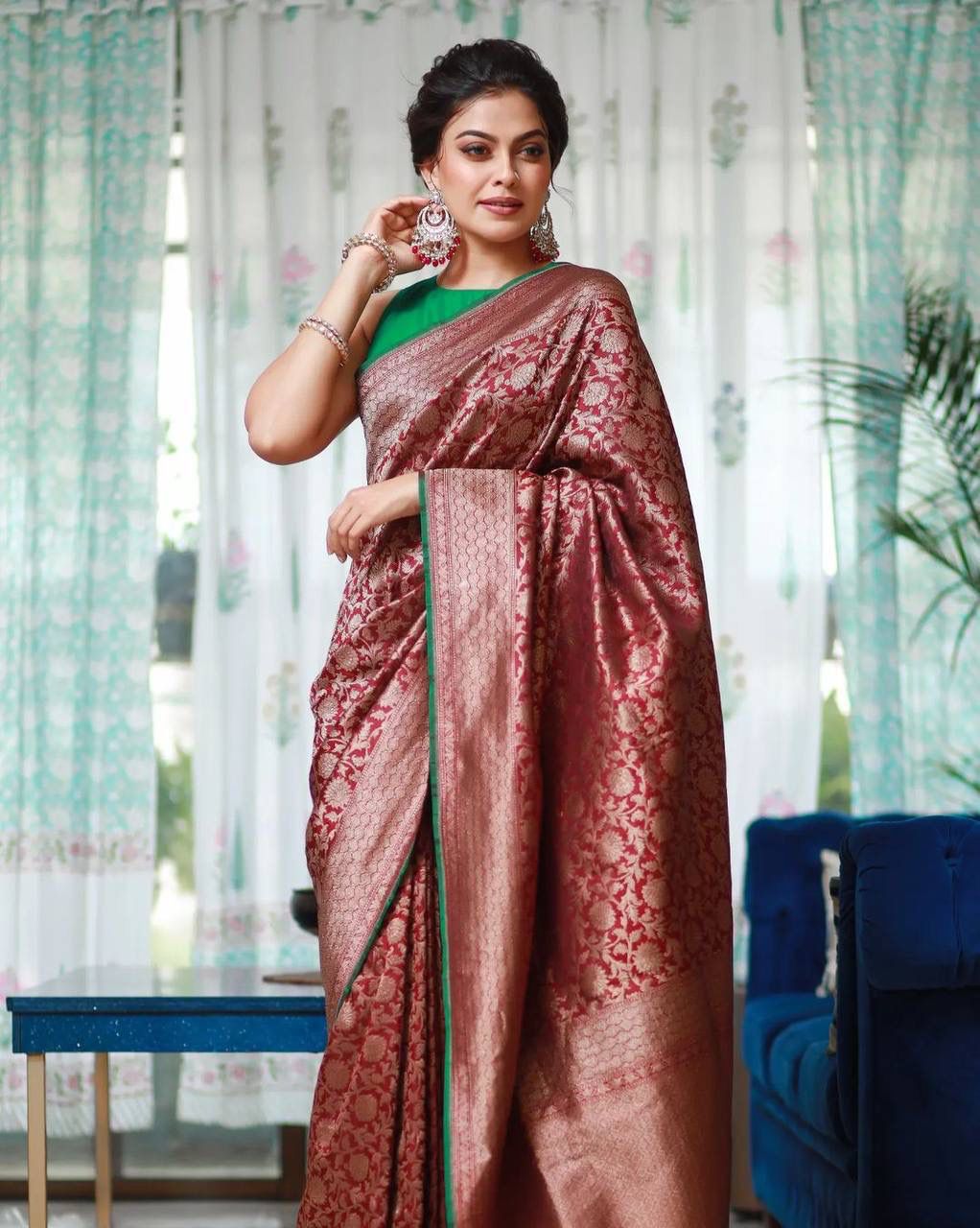 Maroon Color Banarasi Soft Silk Saree