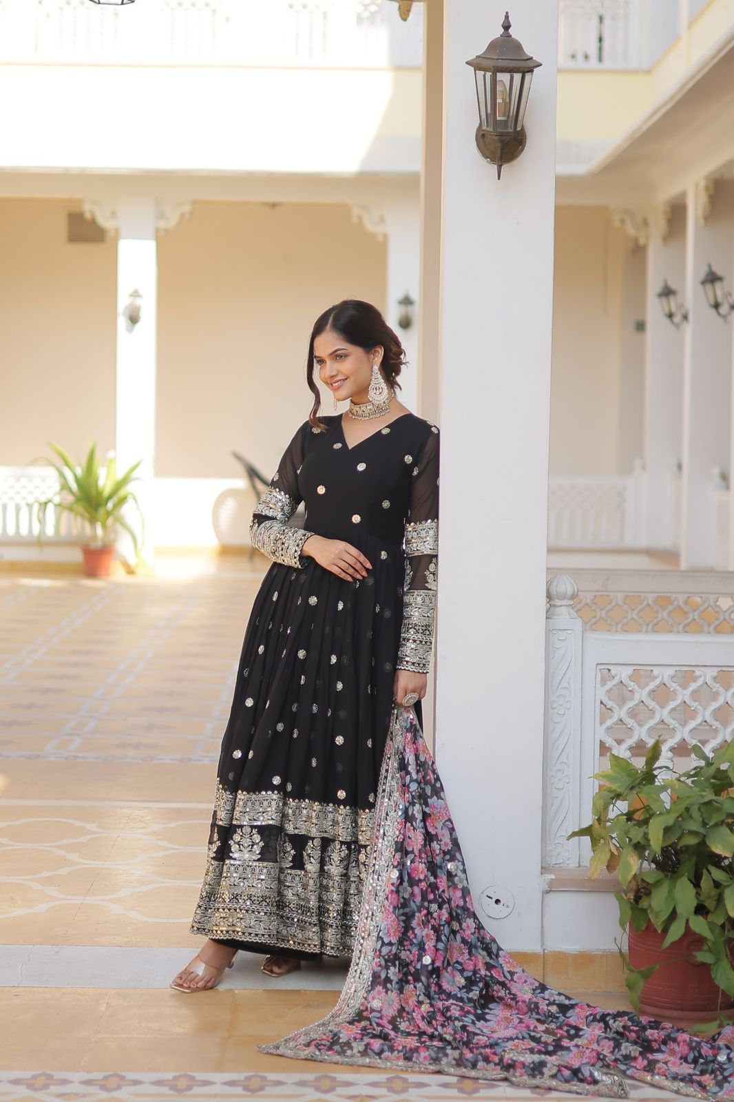 Black Color  Exquisite Premium Designer Faux Georgette Gown with Embroidered Zari Sequins and Tabby Silk Dupatta