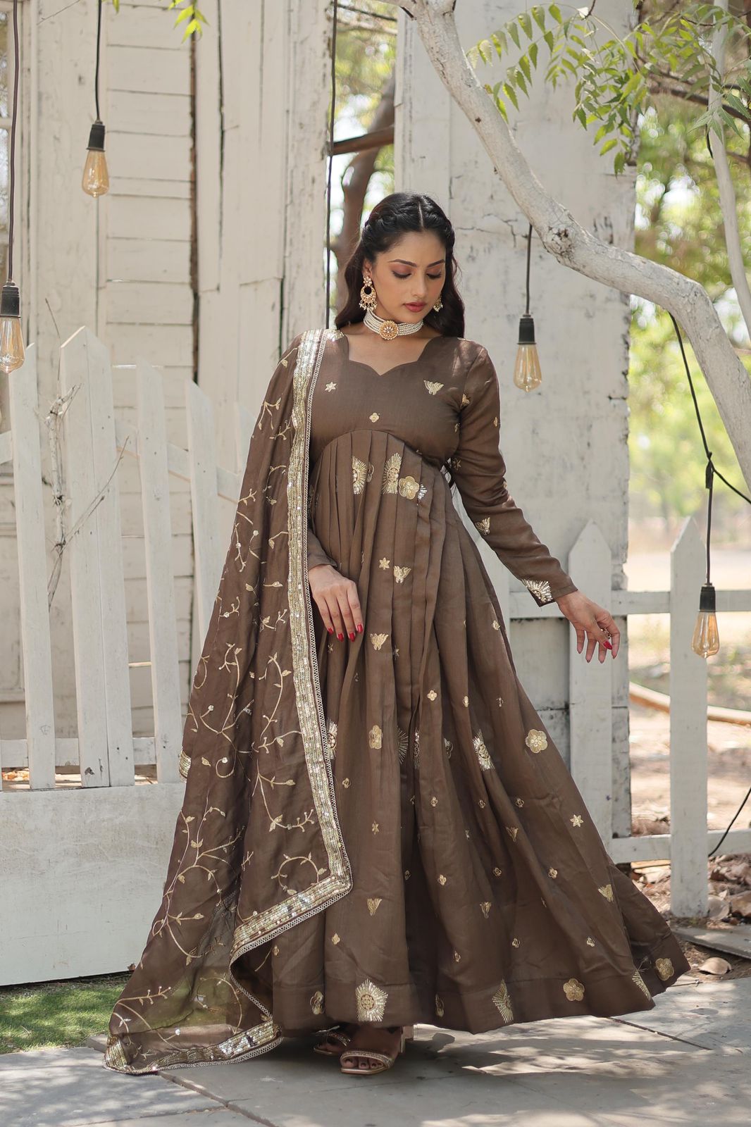 Dusty Brown Embroidered Silk Shimmer Gown with Dupatta