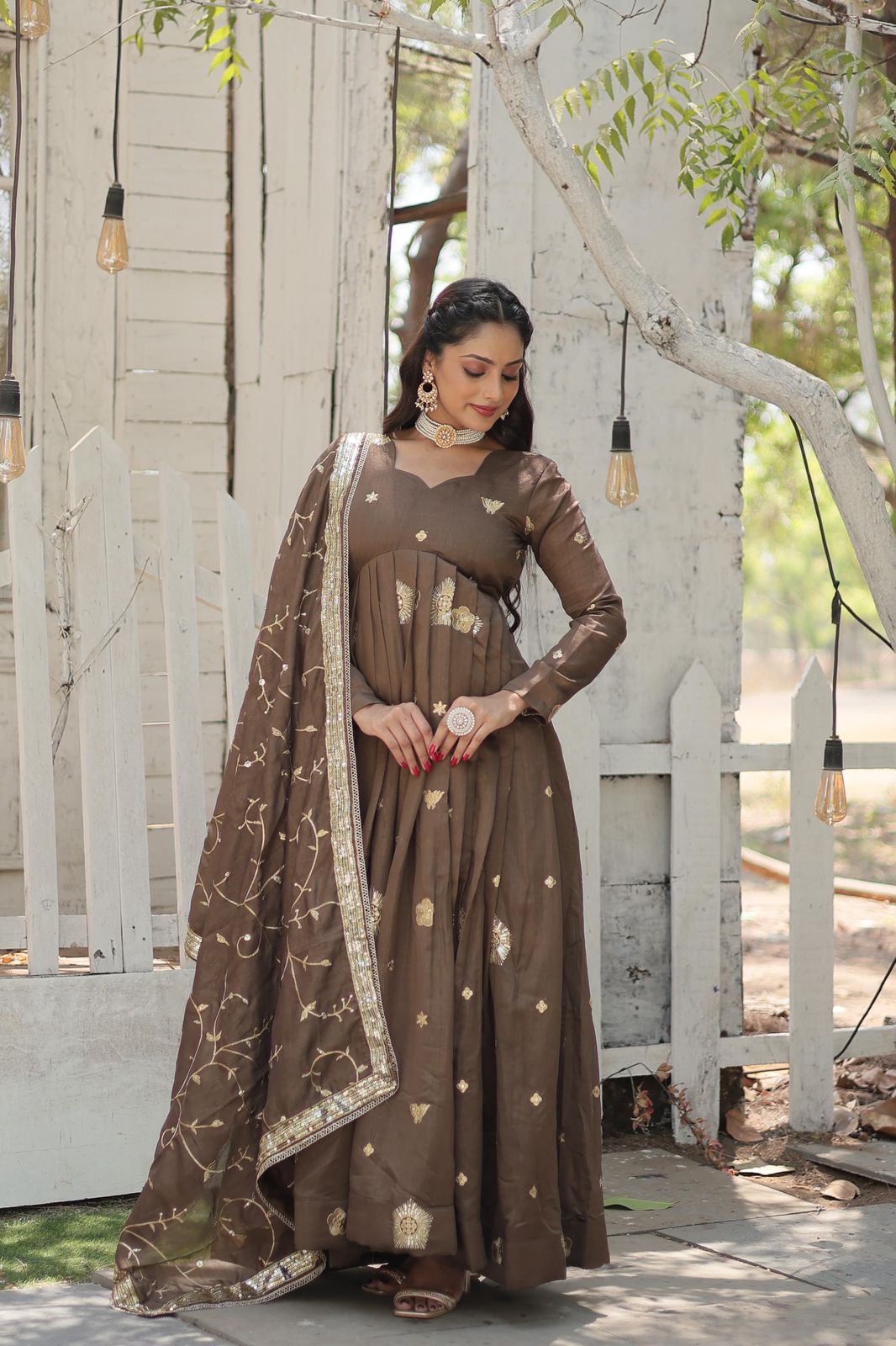 Dusty Brown Embroidered Silk Shimmer Gown with Dupatta