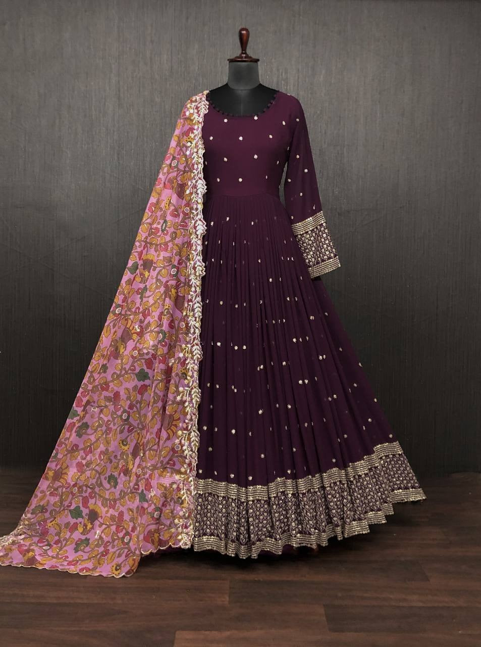 Wine Color Premium Luxury Gown With Zari-Thread & Sequins Embroidery Work