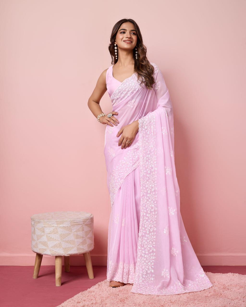 Baby Pink Color Premuim Soft Organza  Saree With Embroidery Work