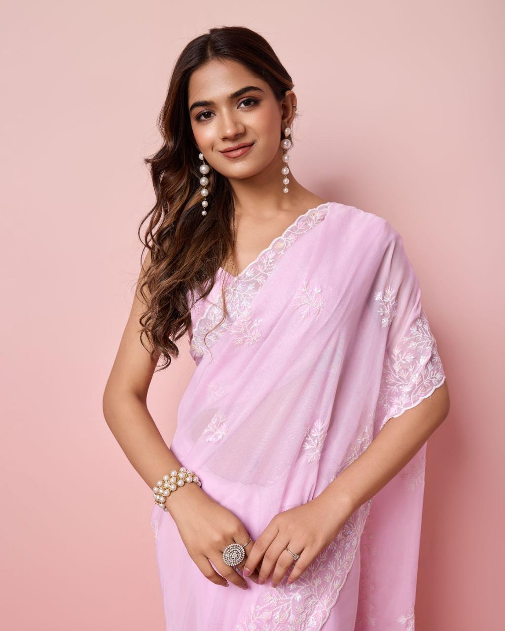 Baby Pink Color Premuim Soft Organza  Saree With Embroidery Work