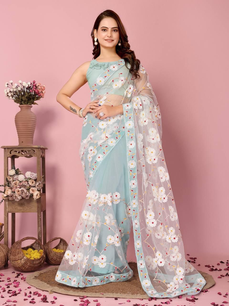 Auqa Blue Color Chikankari Embroidery Design Saree With Piping Border and Back Lace