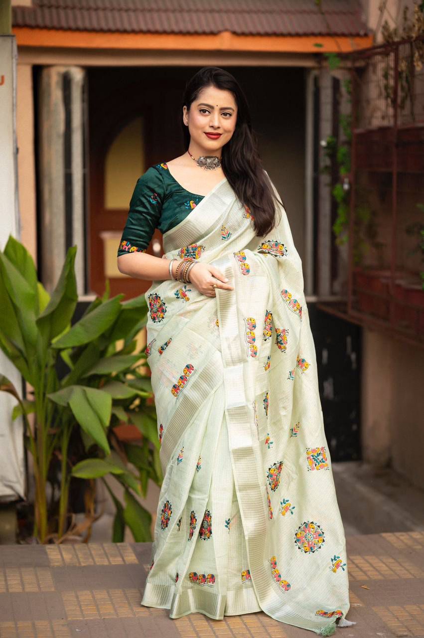 Mint Green Color Premium Soft Kota Silk Saree With Silver Zari Woven Border