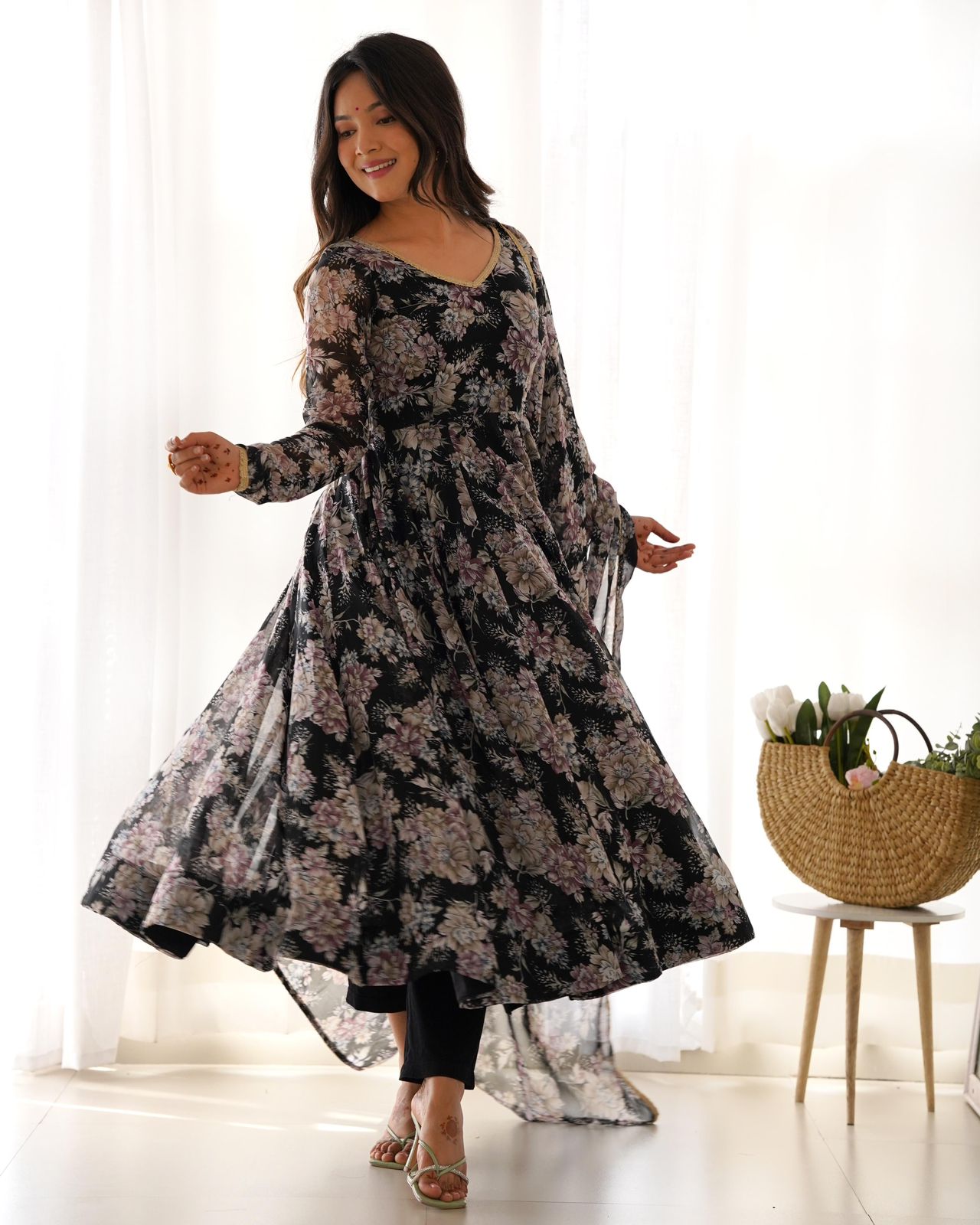 Anarkali  Floral Print Designer Party Wear Gown in Black