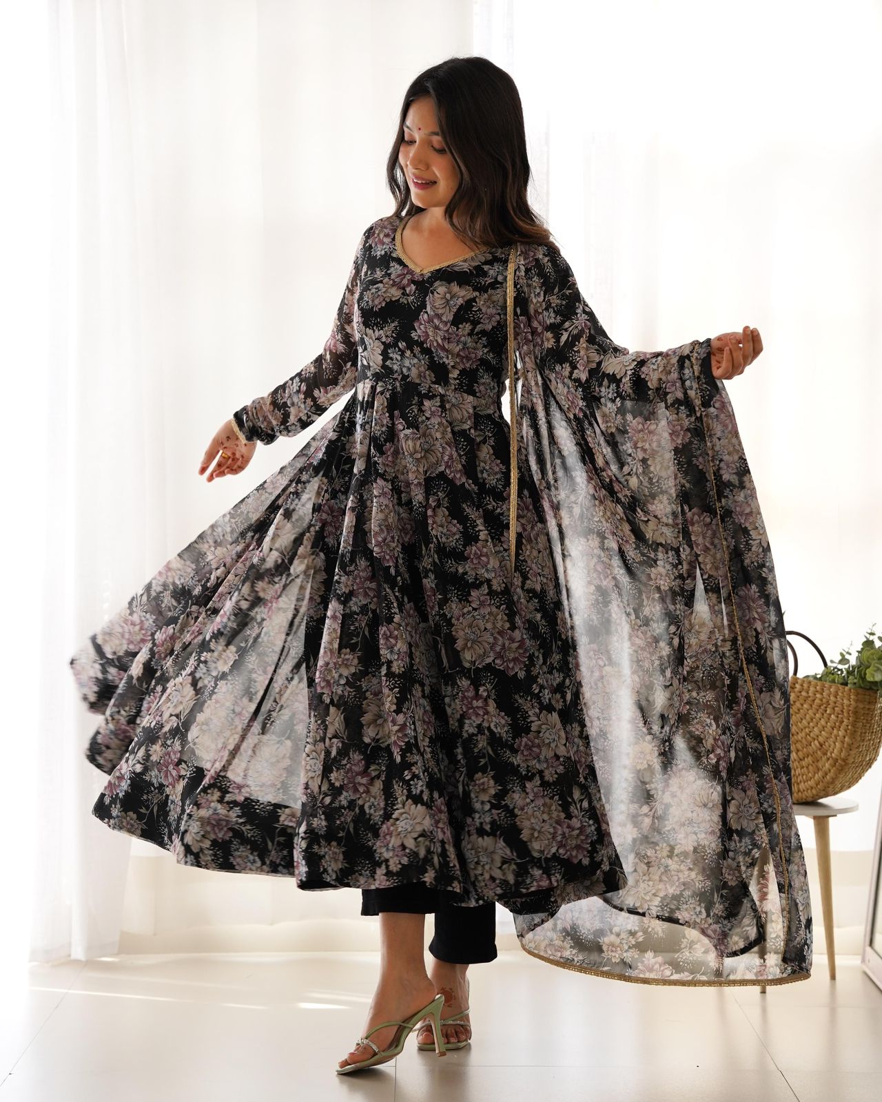 Anarkali  Floral Print Designer Party Wear Gown in Black