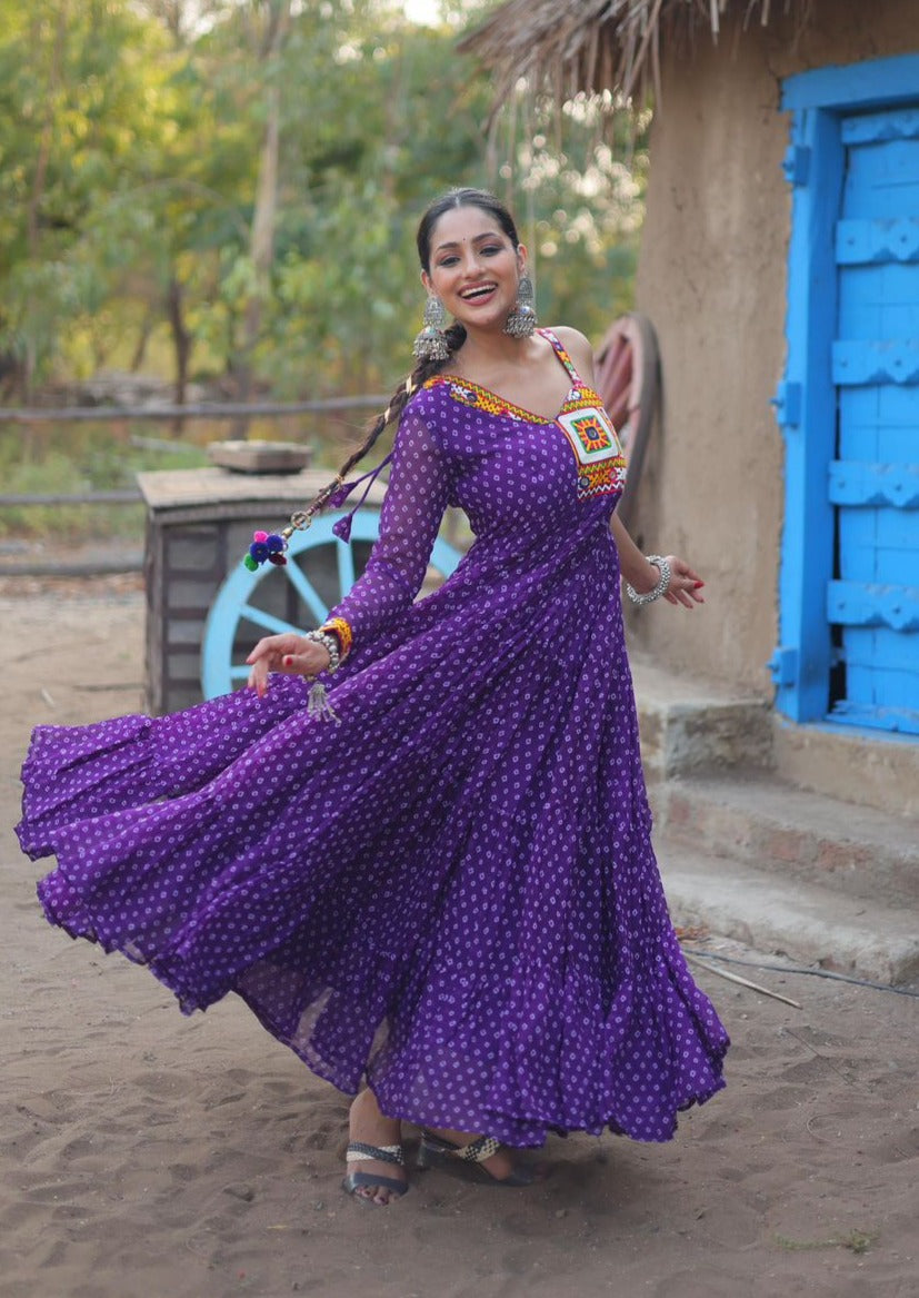 Purple Color Navratri Special Bandhani Printed Kutchi Work Gown