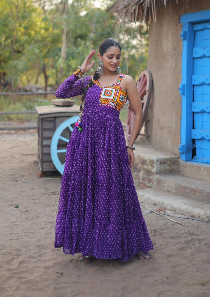 Purple Color Navratri Special Bandhani Printed Kutchi Work Gown