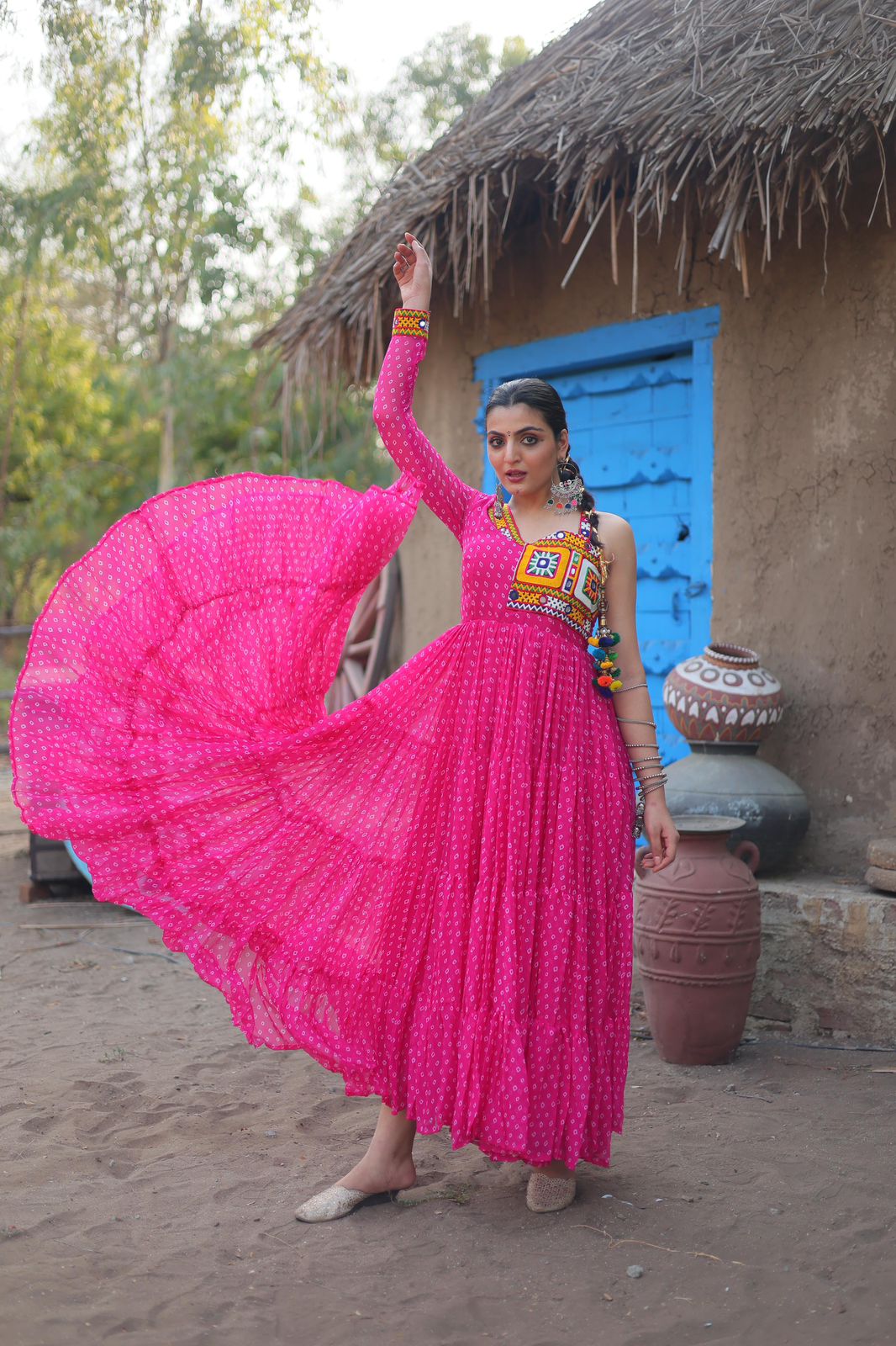 Pink Color Navratri Special Bandhani Printed Kutchi Work Gown