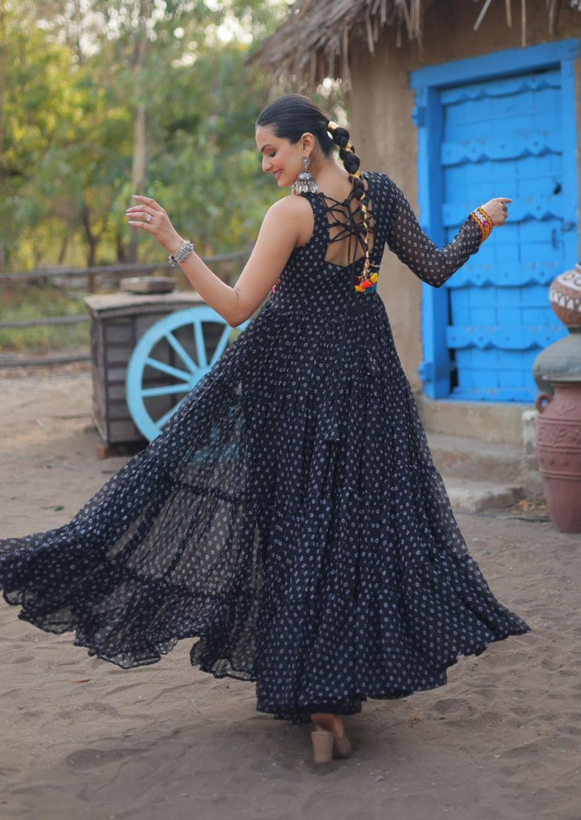 Black Color Navratri Special Bandhani Printed Kutchi Work Gown