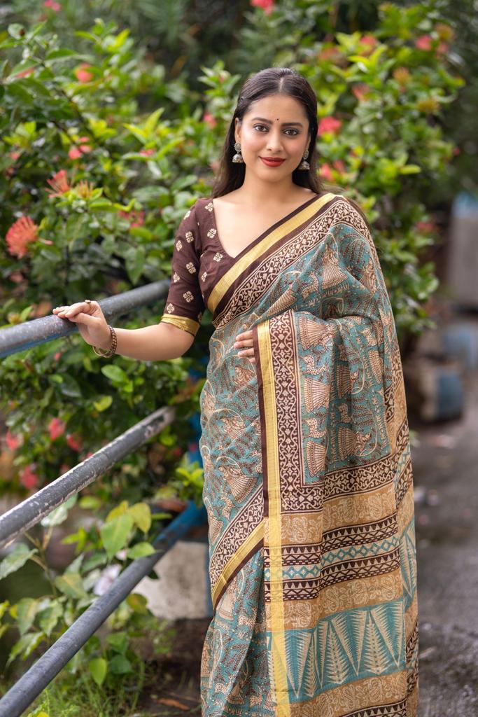 Soft Kota Silk Printed Saree with Weaving Pattu Border