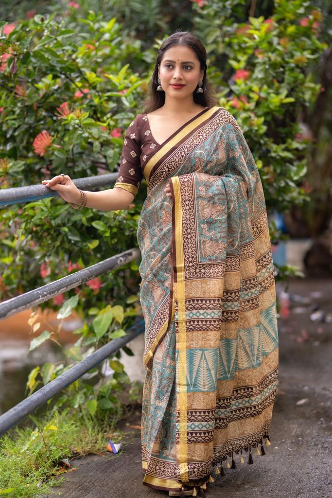 Soft Kota Silk Printed Saree with Weaving Pattu Border